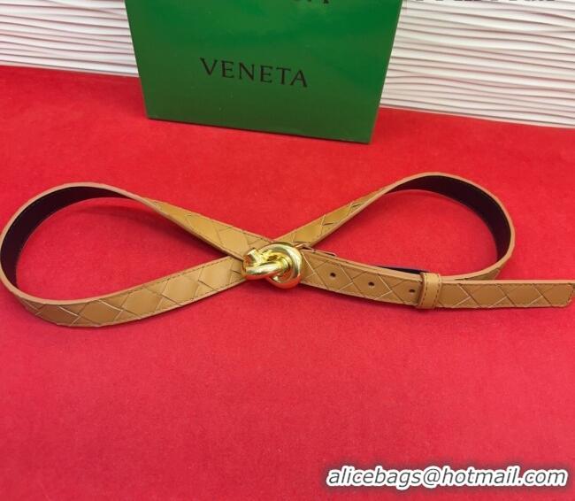 Original Cheap Bottega Veneta Intrecciato Leather Belt 2cm with Knot Buckle BV26010402 Beige/Gold 2025