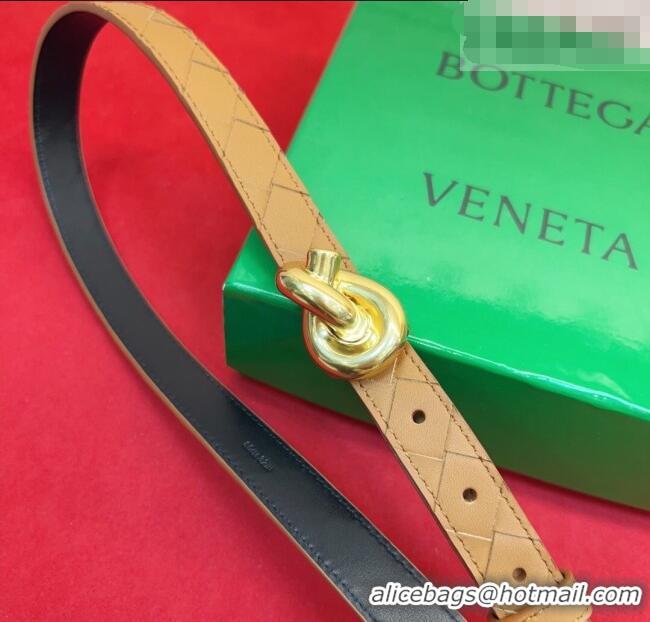 Original Cheap Bottega Veneta Intrecciato Leather Belt 2cm with Knot Buckle BV26010402 Beige/Gold 2025
