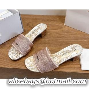 Cheap Price Dior Dway Heeled Slides Sandal 4.5cm in Cotton Embroidered with Strass Pink 0302111