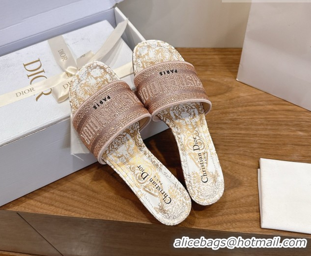 Cheap Price Dior Dway Heeled Slides Sandal 4.5cm in Cotton Embroidered with Strass Pink 0302111