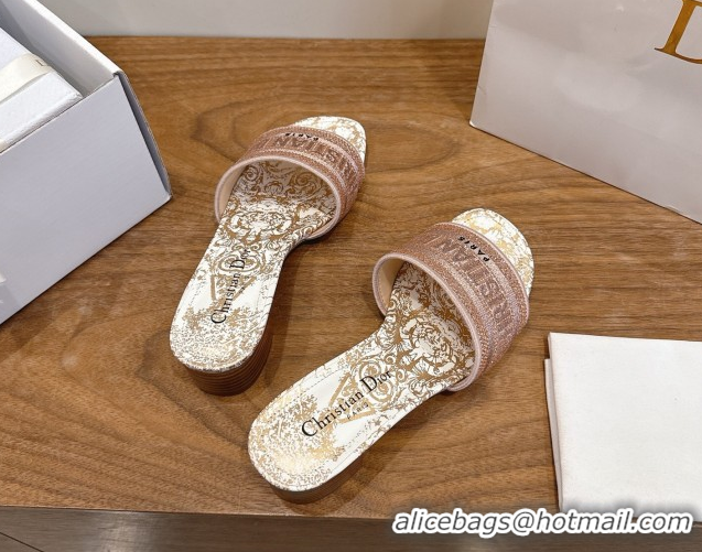 Cheap Price Dior Dway Heeled Slides Sandal 4.5cm in Cotton Embroidered with Strass Pink 0302111