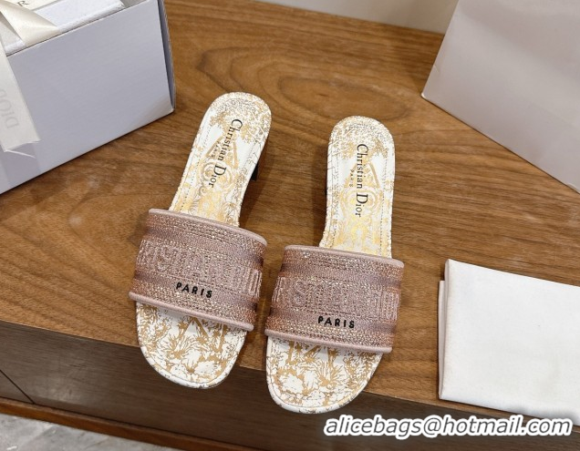 Cheap Price Dior Dway Heeled Slides Sandal 4.5cm in Cotton Embroidered with Strass Pink 0302111