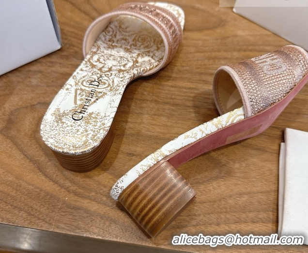 Cheap Price Dior Dway Heeled Slides Sandal 4.5cm in Cotton Embroidered with Strass Pink 0302111