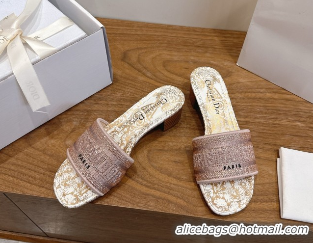 Cheap Price Dior Dway Heeled Slides Sandal 4.5cm in Cotton Embroidered with Strass Pink 0302111