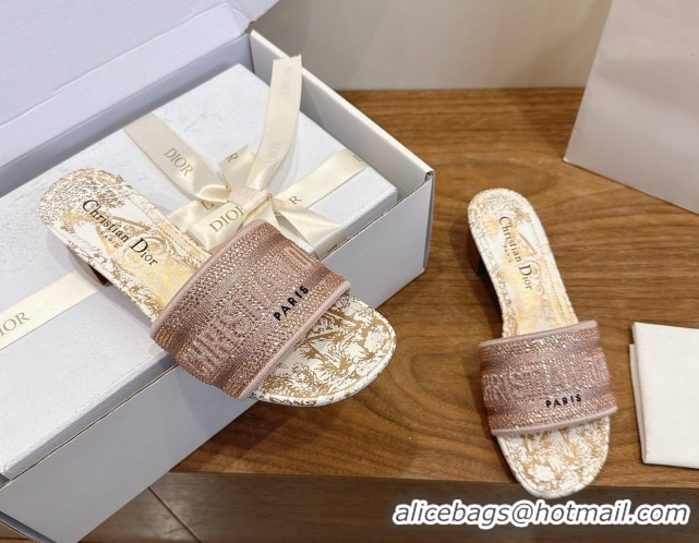 Cheap Price Dior Dway Heeled Slides Sandal 4.5cm in Cotton Embroidered with Strass Pink 0302111