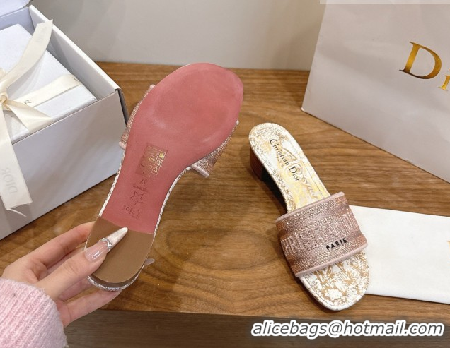 Cheap Price Dior Dway Heeled Slides Sandal 4.5cm in Cotton Embroidered with Strass Pink 0302111