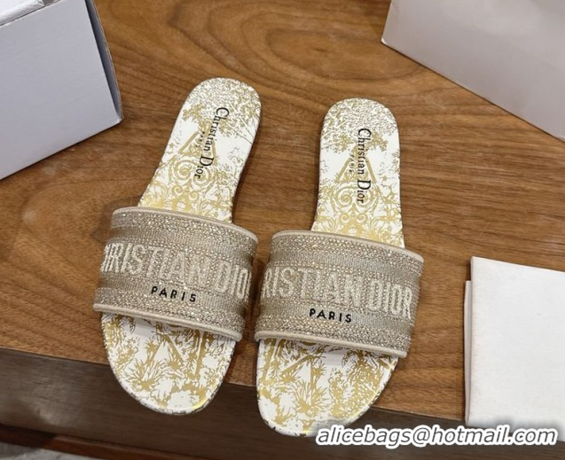 Duplicate Dior Dway Flat Slides Sandal in Cotton Embroidered with Strass Gold 2026 60302115