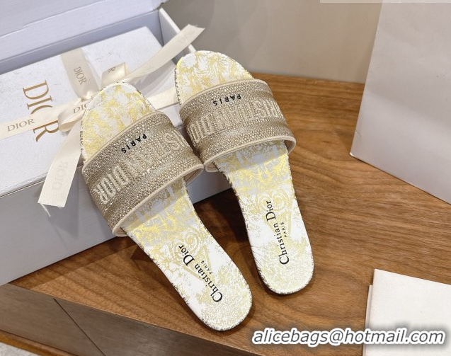 Duplicate Dior Dway Flat Slides Sandal in Cotton Embroidered with Strass Gold 2026 60302115