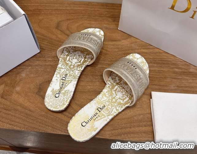 Duplicate Dior Dway Flat Slides Sandal in Cotton Embroidered with Strass Gold 2026 60302115