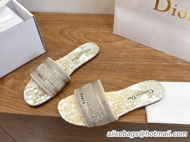 Duplicate Dior Dway Flat Slides Sandal in Cotton Embroidered with Strass Gold 2026 60302115
