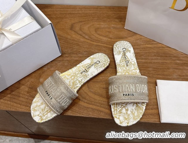 Duplicate Dior Dway Flat Slides Sandal in Cotton Embroidered with Strass Gold 2026 60302115