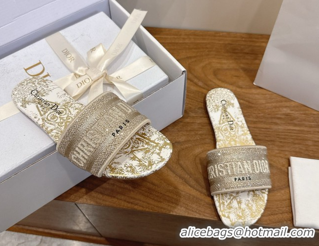 Duplicate Dior Dway Flat Slides Sandal in Cotton Embroidered with Strass Gold 2026 60302115