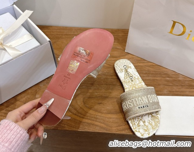 Duplicate Dior Dway Flat Slides Sandal in Cotton Embroidered with Strass Gold 2026 60302115