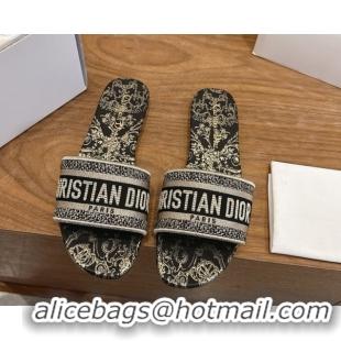 Sophisticated Dior Dway Flat Slides Sandal in Cotton Embroidered with Metallic Thread and Black and Gold-Tone Floral Mot