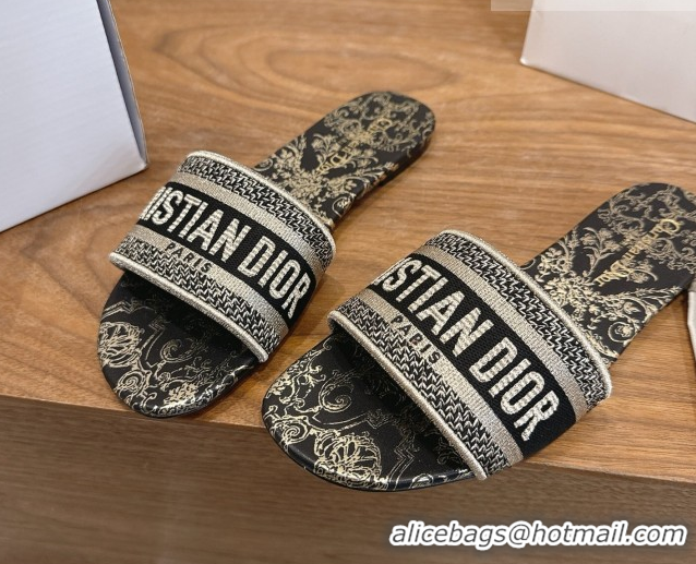 Sophisticated Dior Dway Flat Slides Sandal in Cotton Embroidered with Metallic Thread and Black and Gold-Tone Floral Mot