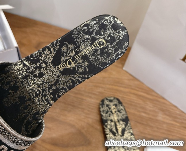 Sophisticated Dior Dway Flat Slides Sandal in Cotton Embroidered with Metallic Thread and Black and Gold-Tone Floral Mot