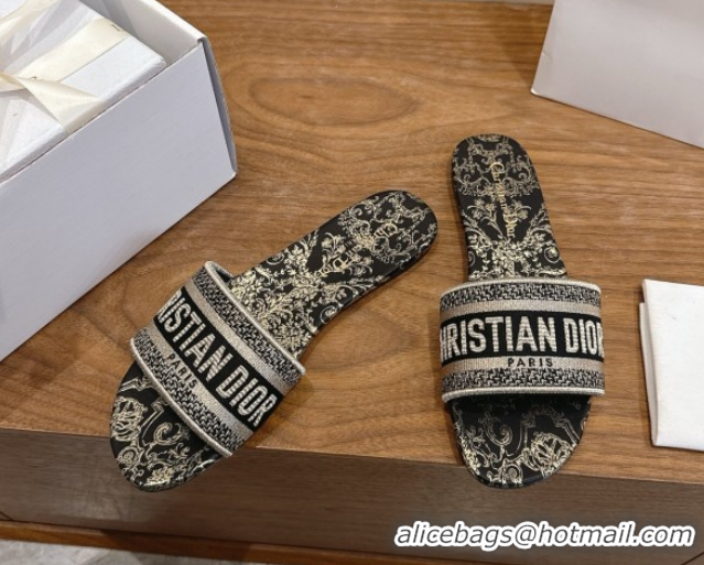 Sophisticated Dior Dway Flat Slides Sandal in Cotton Embroidered with Metallic Thread and Black and Gold-Tone Floral Mot