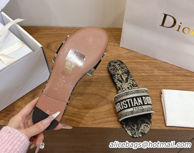 Sophisticated Dior Dway Flat Slides Sandal in Cotton Embroidered with Metallic Thread and Black and Gold-Tone Floral Mot