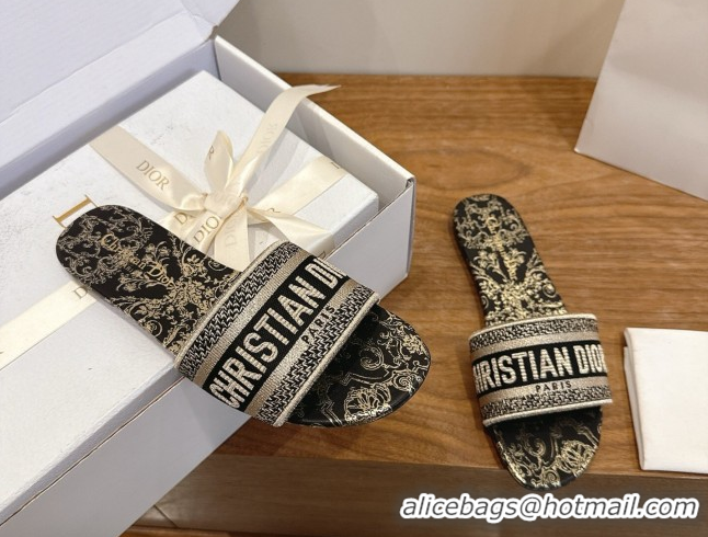 Sophisticated Dior Dway Flat Slides Sandal in Cotton Embroidered with Metallic Thread and Black and Gold-Tone Floral Mot
