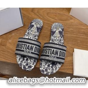 Luxury Discount Dior Dway Flat Slides Sandal in Cotton Embroidered with Strass Blue 2026 60302113