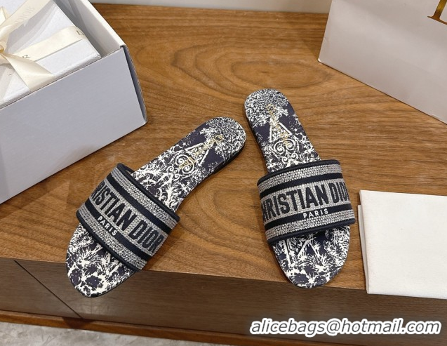 Luxury Discount Dior Dway Flat Slides Sandal in Cotton Embroidered with Strass Blue 2026 60302113