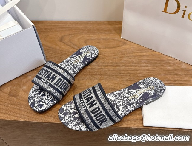 Luxury Discount Dior Dway Flat Slides Sandal in Cotton Embroidered with Strass Blue 2026 60302113