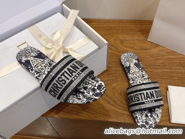 Luxury Discount Dior Dway Flat Slides Sandal in Cotton Embroidered with Strass Blue 2026 60302113