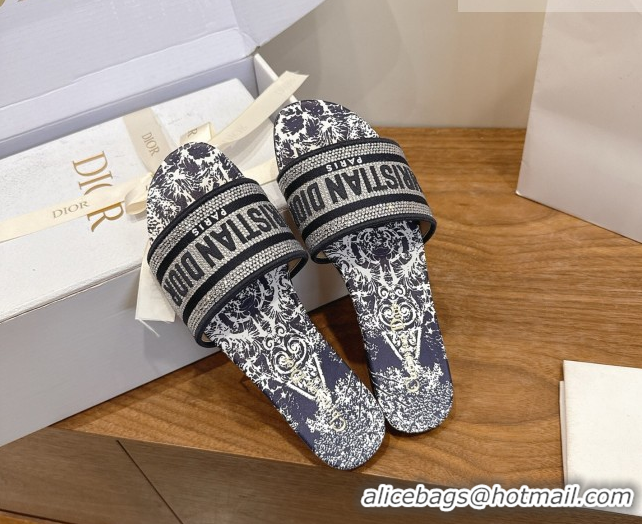 Luxury Discount Dior Dway Flat Slides Sandal in Cotton Embroidered with Strass Blue 2026 60302113