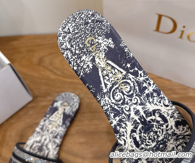 Luxury Discount Dior Dway Flat Slides Sandal in Cotton Embroidered with Strass Blue 2026 60302113