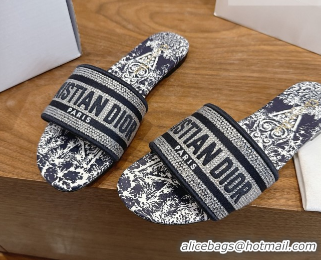 Luxury Discount Dior Dway Flat Slides Sandal in Cotton Embroidered with Strass Blue 2026 60302113