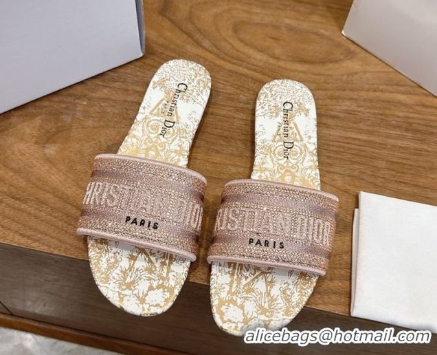 Discount Dior Dway Flat Slides Sandal in Cotton Embroidered with Strass Pink 2026 60302114