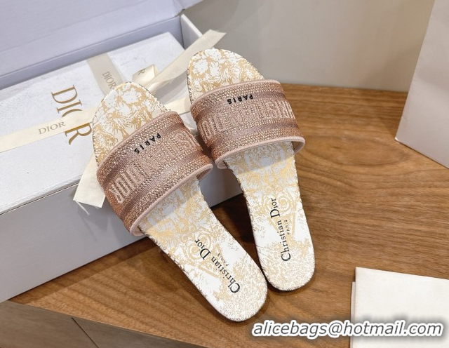 Discount Dior Dway Flat Slides Sandal in Cotton Embroidered with Strass Pink 2026 60302114