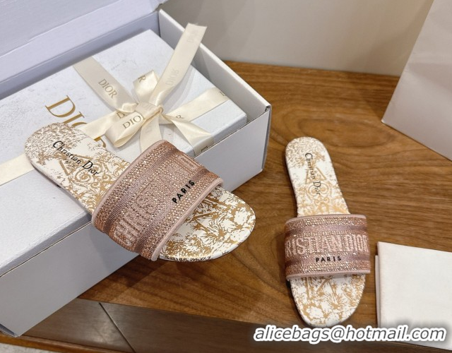 Discount Dior Dway Flat Slides Sandal in Cotton Embroidered with Strass Pink 2026 60302114