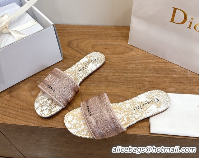 Discount Dior Dway Flat Slides Sandal in Cotton Embroidered with Strass Pink 2026 60302114