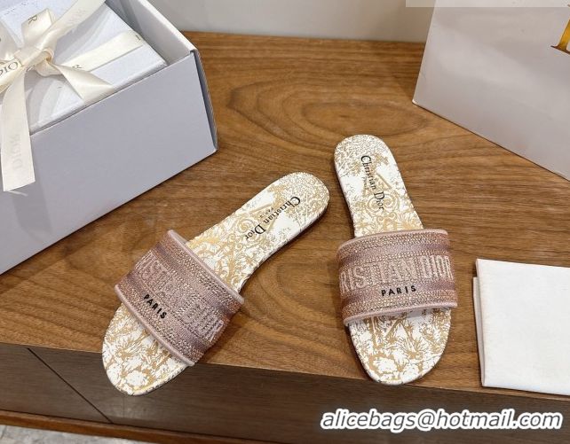 Discount Dior Dway Flat Slides Sandal in Cotton Embroidered with Strass Pink 2026 60302114