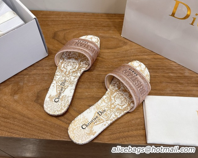 Discount Dior Dway Flat Slides Sandal in Cotton Embroidered with Strass Pink 2026 60302114