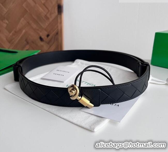 Fashion Cheap Bottega Veneta Andiamo Intrecciato Leather Belt 3cm with Knot Buckle 84066 Black 2025