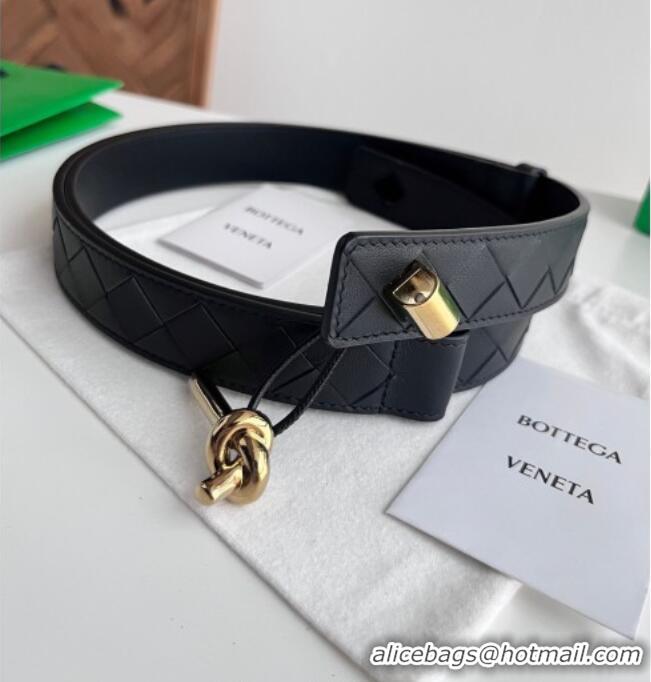 Fashion Cheap Bottega Veneta Andiamo Intrecciato Leather Belt 3cm with Knot Buckle 84066 Black 2025