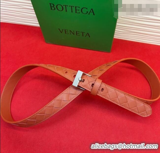 Modern Classic Bottega Veneta Intrecciato Leather Belt 2cm with Pin Buckle BV26010404 Orange/Silver 2025
