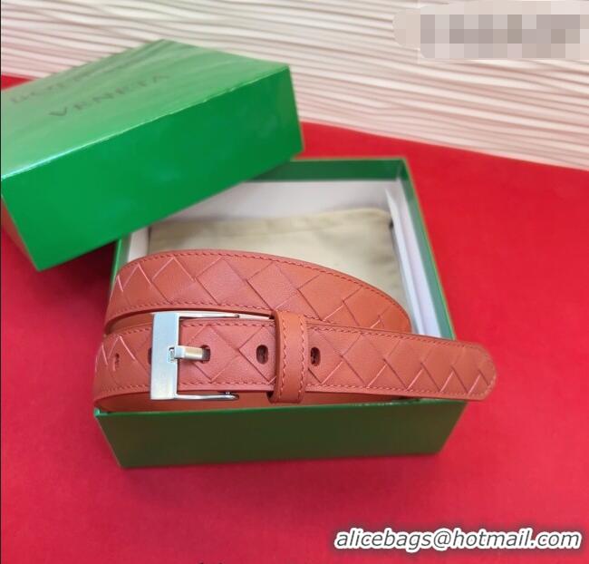 Modern Classic Bottega Veneta Intrecciato Leather Belt 2cm with Pin Buckle BV26010404 Orange/Silver 2025