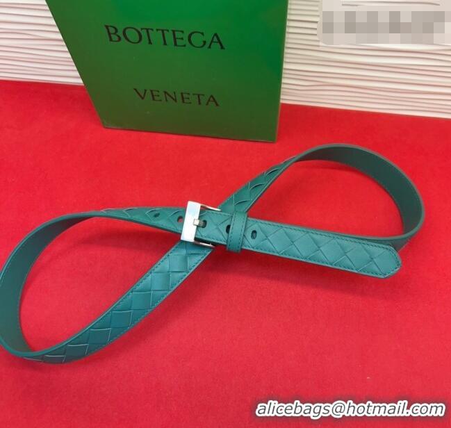 Best Quality Bottega Veneta Intrecciato Leather Belt 2cm with Pin Buckle BV26010404 Green/Silver 2025