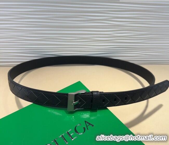 New Cheap Bottega Veneta Intrecciato Leather Belt 2cm with Pin Buckle BV26010404 Black/Silver 2025