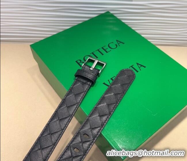 New Cheap Bottega Veneta Intrecciato Leather Belt 2cm with Pin Buckle BV26010404 Black/Silver 2025
