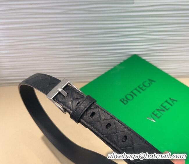 New Cheap Bottega Veneta Intrecciato Leather Belt 2cm with Pin Buckle BV26010404 Black/Silver 2025