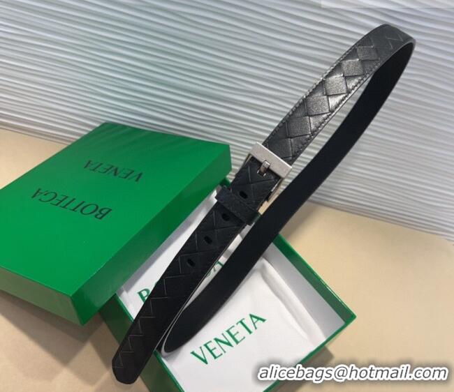 New Cheap Bottega Veneta Intrecciato Leather Belt 2cm with Pin Buckle BV26010404 Black/Silver 2025