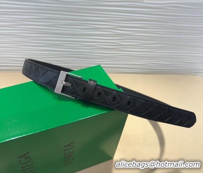 New Cheap Bottega Veneta Intrecciato Leather Belt 2cm with Pin Buckle BV26010404 Black/Silver 2025