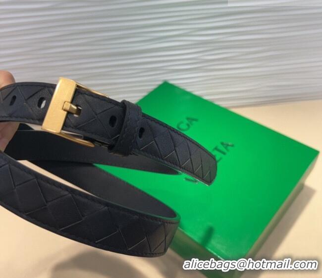 Low Cost Bottega Veneta Intrecciato Leather Belt 2cm with Pin Buckle BV26010404 Black/Gold 2025