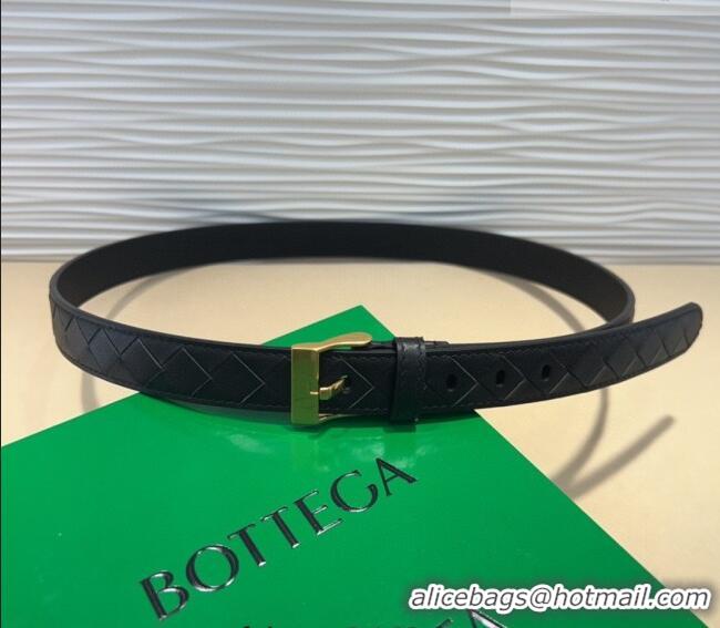 Low Cost Bottega Veneta Intrecciato Leather Belt 2cm with Pin Buckle BV26010404 Black/Gold 2025