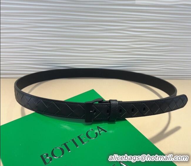New Cheap Bottega Veneta Intrecciato Leather Belt 2cm with Pin Buckle BV26010404 All Black 2025