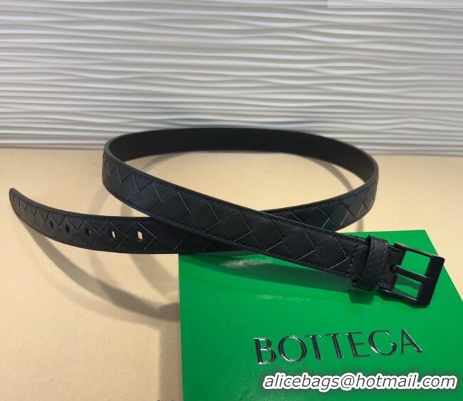 New Cheap Bottega Veneta Intrecciato Leather Belt 2cm with Pin Buckle BV26010404 All Black 2025